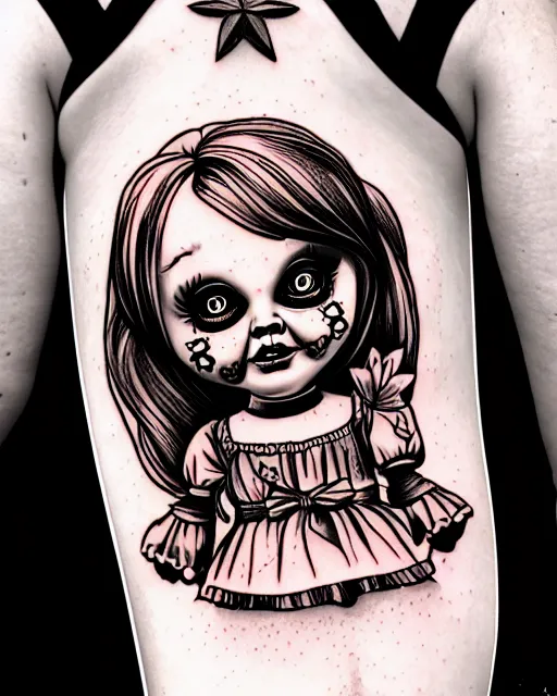 Image similar to tattoo flash art of the annabelle doll from the movie, highly detailed