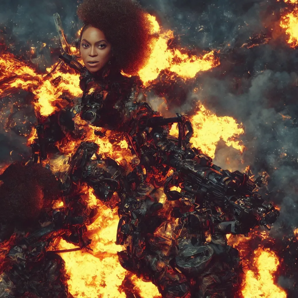 Image similar to beyonce with a afro hair style riding a hellfire missile, cinematic framing, cinematic lighting, hdr, gritty, movie still, 4k, 70s psychedelic style