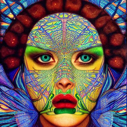 Prompt: A beautiful body art a large eye that is looking directly at the viewer. The eye is composed of a myriad of colors and patterns, and it is surrounded by smaller eyes. The smaller eyes appear to be in a state of hypnosis, and they are looking in different directions. Still Life by Carlos Schwabe lines