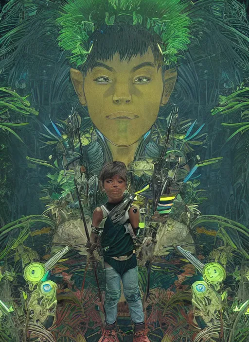 Prompt: portrait of a little epic cyborg warrior boy character with dark skin and a big robot tiger at his side in the middle of a lush jungle. diffuse neon light, dramatic landscape, fantasy illustration, matte painting by mucha