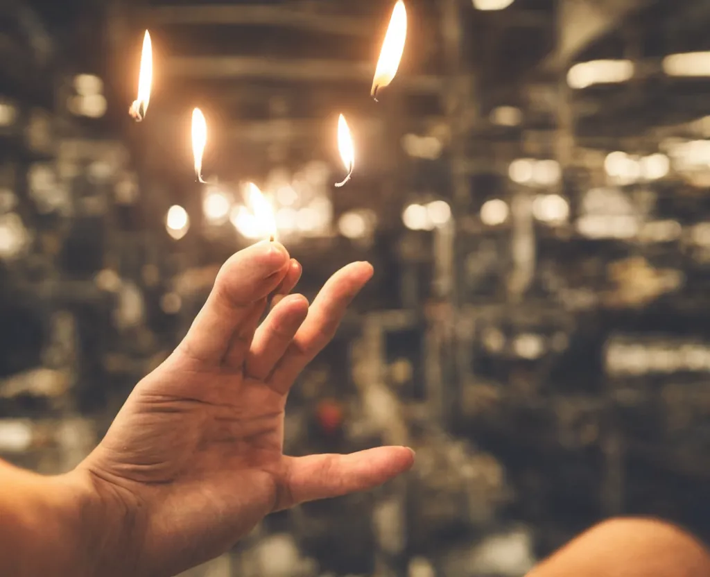 Prompt: first person point of view of man holding candle with his hand in a factory