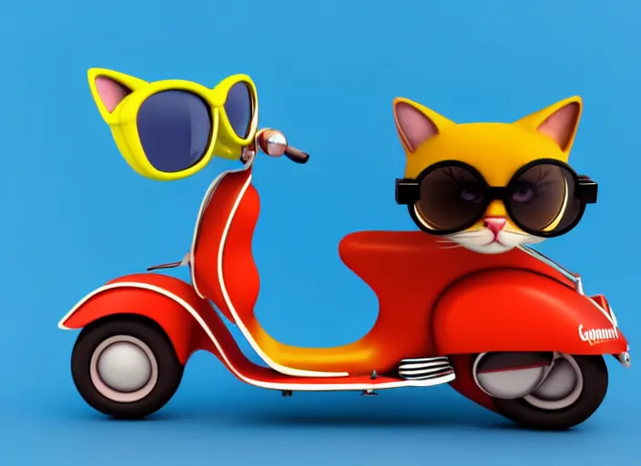 Prompt: a cute cat on a colored vespa wearing retro aviator pilot glasses goggles, pixar animation studio, sharp render