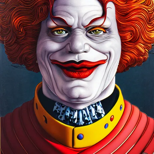 Image similar to portrait of ronald mcdonald, symmetrical, by yoichi hatakenaka, masamune shirow, josan gonzales and dan mumford, ayami kojima, takato yamamoto, barclay shaw, karol bak, yukito kishiro