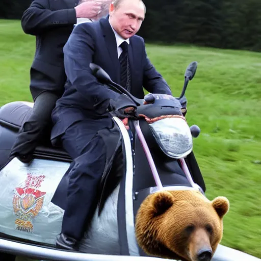 Prompt: vladimir putin drinks vodka riding the bear