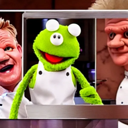 Prompt: photo of gordon ramsay cooking muppet meat