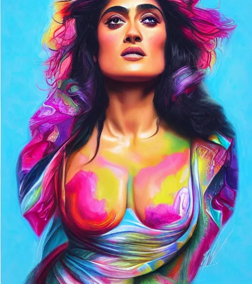 Image similar to beautiful painting of salma hayek, contemporary, colorful acrylic, airbrush painting, realistic portrait by kehinde wiley and archan nair, colored pencil sketch, hyperrealism, pastel chalk, oilpastels