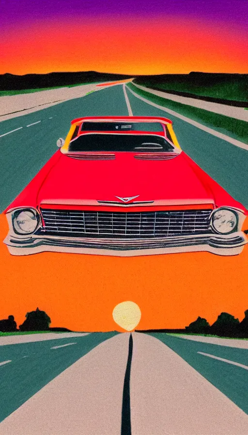 Prompt: polaroid of a 1 9 6 3 red cadillac convertible in the distance driving down empty highway into an orange sunrise, oil pastel, high detail, realistic, vintage, surrealcore, 4 k