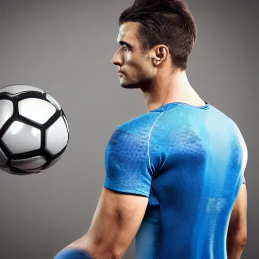 Image similar to a realistic detailed photo of a guy who is an attractive humanoid who is half robot and half humanoid, who is a male android, attractive and handsome soccer players, shiny skin, posing like a statue, blank stare, in a factory, on display, showing off his muscles, wearing soccer shorts, side view, looking at each other mindlessly