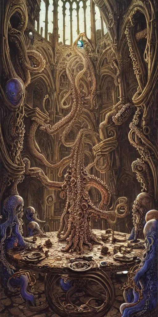 Image similar to mages with human bodies and magical armour with octopus heads sitting near the table in an ancient mage castle with enormous scale, gothic and baroque, brutalist architecture, ultradetailed, Intricate by John Howe and Josan Gonzalez and Giuseppe Arcimboldo