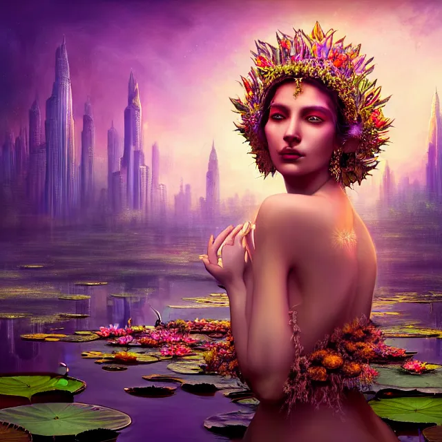 Prompt: Beautiful 3d render of the flower queen goddess in a sensual pose near a pond full of lotus, atmospheric lighting, painted, intricate, volumetric lighting, beautiful, rich deep colours masterpiece, sharp focus, ultra detailed, in the style of Dan Mumford and marc simonetti, with a clear crowded futuristic cyberpunk dubai city in the background, astrophotography