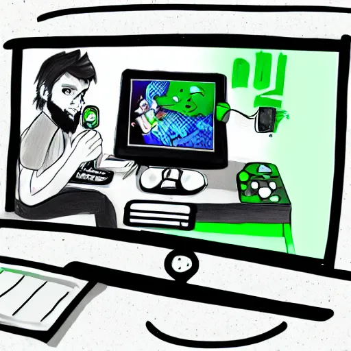 Image similar to a professional drawing of vinny vinesauce streaming and playing computer games, fanart, trending on artstation, by kawacy