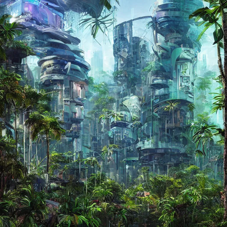 Prompt: cyberpunk visor, cyberpunk buildings in the tropical forest, wild jungles with organic housing, cyberpunk, high - quality surreal painting