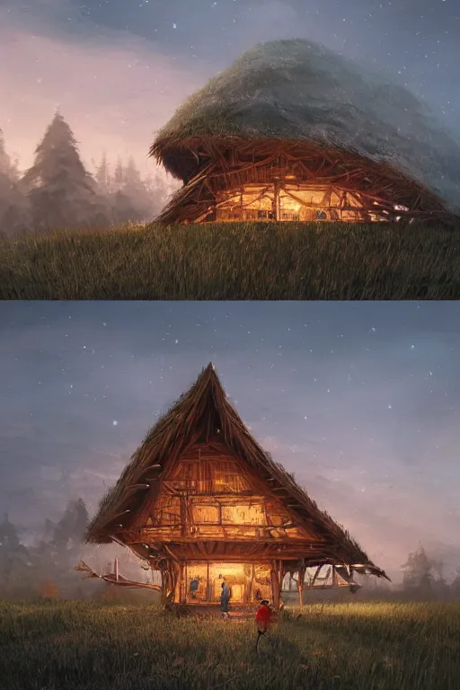 Image similar to an awesome twilight day concept art of old hut standing at giant hen's legs, by kengo kuma and wes anderson with village, mixed development, cgsociety, fantastic realism, artstation hq