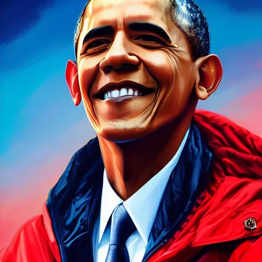 Image similar to an oil painting of barack obama wearing the supreme drip jacket, by artgerm, hd, hdr, ue 5, ue 6, unreal engine 5, realistic anime 3 d style, cinematic 4 k wallpaper, 8 k, ultra detailed, gta cover art, high resolution, artstation, award winning