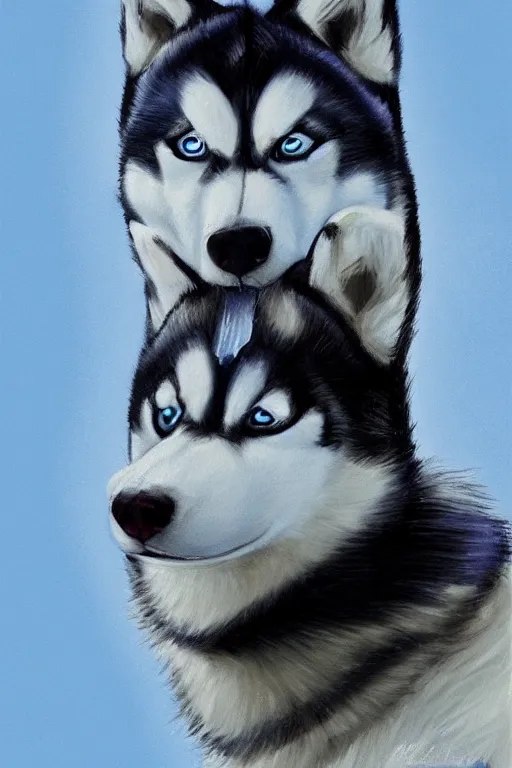 Image similar to a character design of a husky athlete in blue vest, portrait painting, anime, humanoid, anthropomorphic, personify, furry