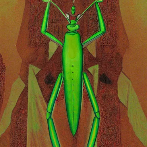 Prompt: Portrait of human-sized Mantis religiosa in medival city.