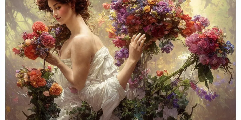 Image similar to portrait of a beautiful mysterious woman holding a bouquet of flowing flowers, hands hidden under the bouquet, large vases filled with flowers in the background, fantasy, regal, intricate, by stanley artgerm lau, greg rutkowski, thomas kindkade, alphonse mucha, loish, norman rockwell