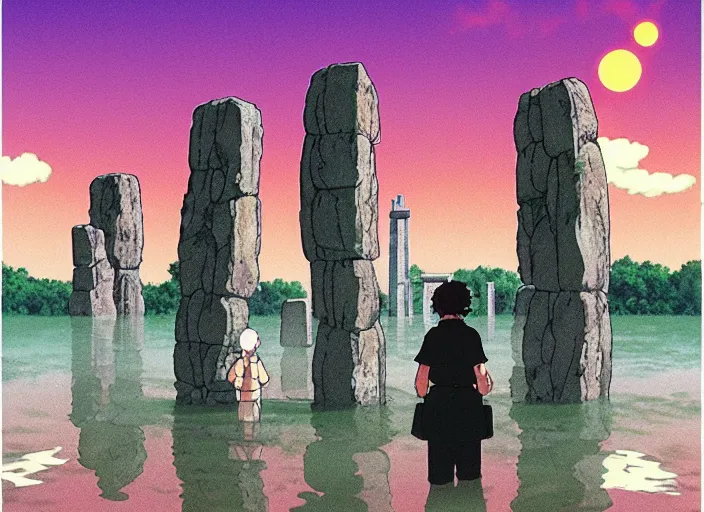 Prompt: a realistic cell - shaded studio ghibli concept art from paprika ( 2 0 0 6 ) of a floating cube from close encounters of the third kind ( 1 9 7 7 ) and a monk meditating on top of a pillar in a flooded stonehenge on a misty starry night. very dull colors, hd, 4 k, hq