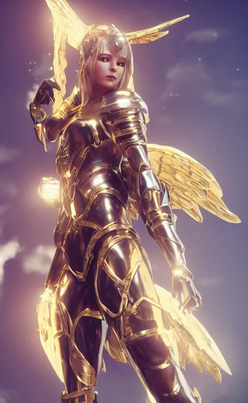 Image similar to Concept art, angel knight girl in golden and silver armor adorned with sapphire gems, artstation trending, octane render, cinematic, highly detailded