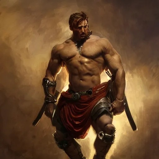 Image similar to handsome portrait of a spartan guy bodybuilder posing, radiant light, caustics, war hero, metal gear, steel bull run, by gaston bussiere, bayard wu, greg rutkowski, giger, maxim verehin