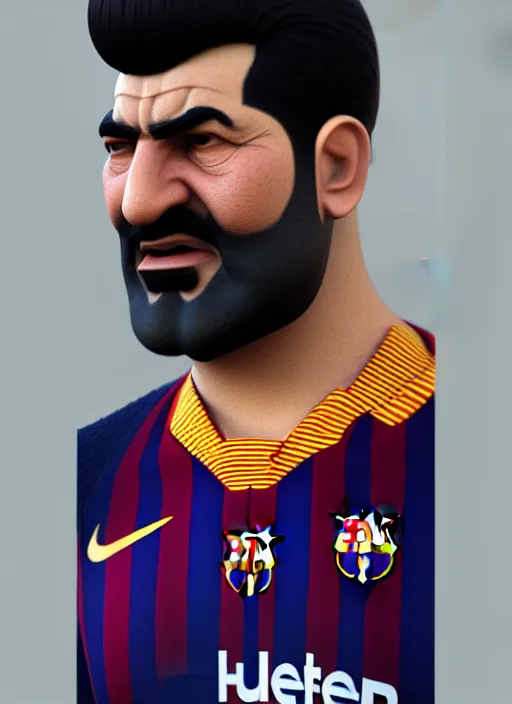 Image similar to portrait of sadam hussain, head and torso, fc barcelona jersey number 1 0, dark blue, maroon red, unreal engine 5, trending on artstation, master piece, octane render, art by artgerm and greg rutkowski and alphonse mucha