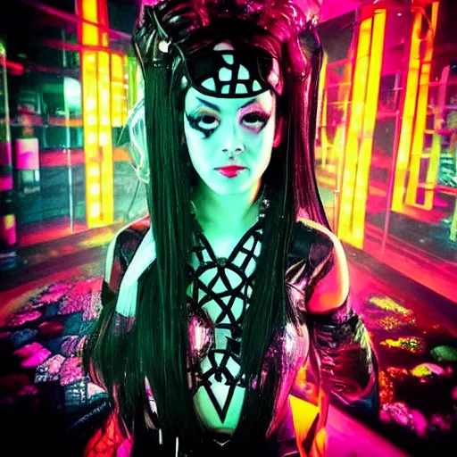 Image similar to “ gorgeous cybergoth woman in a futuristic symmetric augmented reality opium den ”