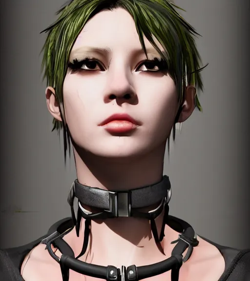 Image similar to detailed realistic female character cyberpunk wearing thick collar around neck, realistic, art, beautiful, 4K, collar, choker, collar around neck, punk, artstation, detailed, female, woman, choker, cyberpunk, neon, punk, collar, choker, collar around neck, thick collar, tight around neck, punk,
