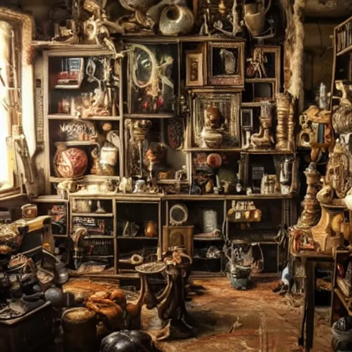 Prompt: weird interior full of stuff, chaotic ambiance, living room of a mad alchemist