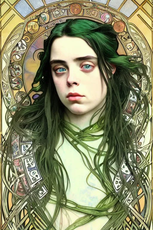 Image similar to Billie Eilish as female loki by alphonse mucha, hyper detail, hyper realistic