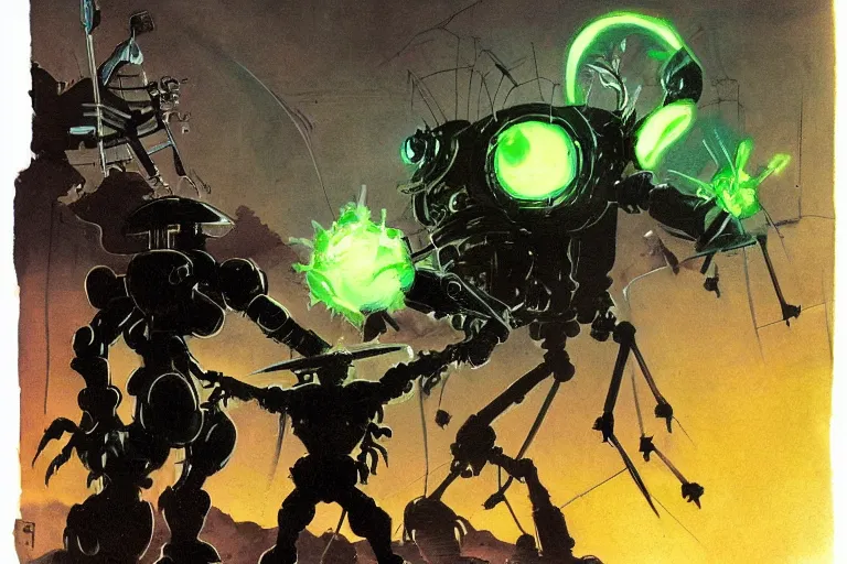 Prompt: illustration of link black silhouette versus a giant robot spider, dimly lit by green glowing eyes, by frank frazetta, John Berkey, fisheye lens