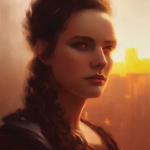 Image similar to closeup portrait of esme augusta bianco, dramatic lighting, city background, sunset, chiaroscuro, complementary contrast high detail, painted by greg rutkowski, painted by igor kieryluk, painted by bobby chiu, trending on artstation