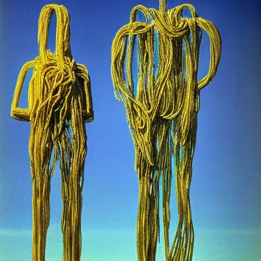 Image similar to A Monumental Public Sculpture of a 'Cyborg made of spaghetti with a Portal in its stomach ' on a pedestal by the Sea, surreal oil painting by Rene Magritte and Max Ernst shocking detail hyperrealistic!! Cinematic lighting