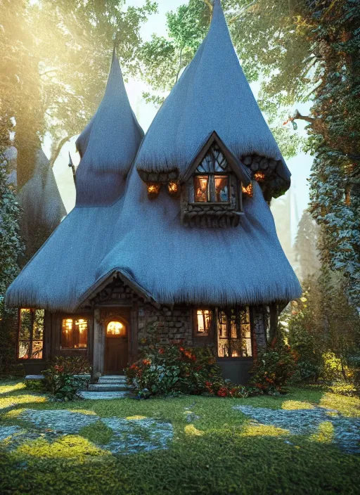 Image similar to hyper realistic homely ornate witch cottage architectural, in the woods gorgeous lighting, blue sky, highly detailed, lush forest architectural render, octane render, ue 5 raytraced