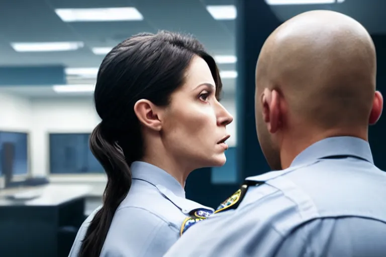 Image similar to vfx film closeup, police detective couple arguing in police precinct, over the shoulder shot, flat color profile low - key lighting award winning photography arri alexa cinematography, hyper real photorealistic cinematic beautiful natural skin, famous face, atmospheric cool colorgrade