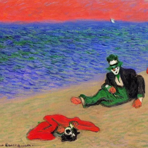 Prompt: a joker and a armed robber chilling on ipanema beach by monet