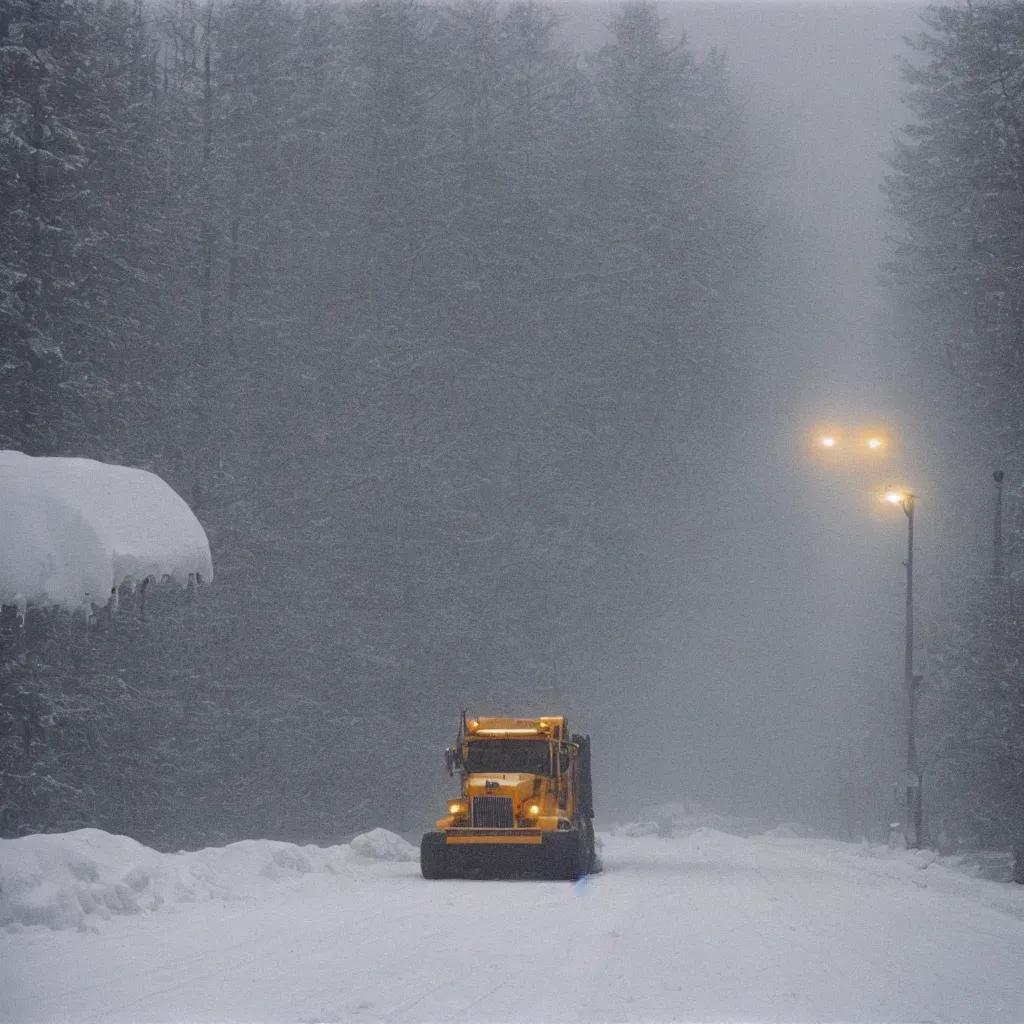 Image similar to photo, big snow plow truck is in the distance with a bright headlighta. cold color temperature, snow storm. hazy atmosphere. humidity haze. kodak ektachrome, greenish expired film, award winning, low contrast,