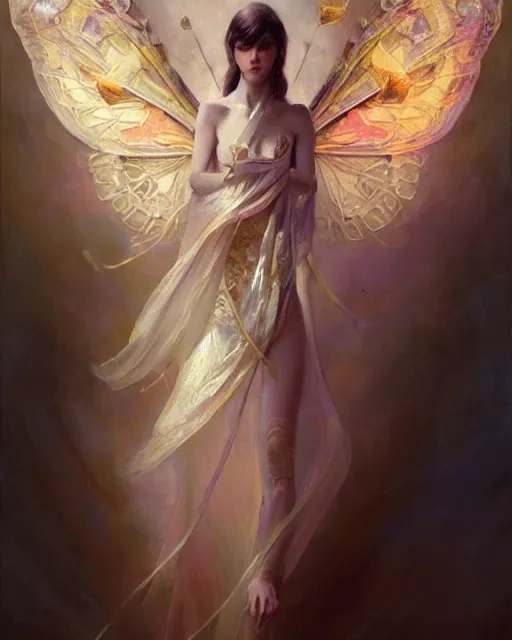 Image similar to Full view realistic ethereal Humanoid Maiden with symmetrical moth wings in a beautiful dress, oil on linen masterpiece by Craig Mullins Artgerm in the style of Ruan Jia, ornate Iconography background, tarot card, wlop, Ross Tran, detailed and realistic, soft lighting, intricate details, realistic, full view, Artstation, CGsociety