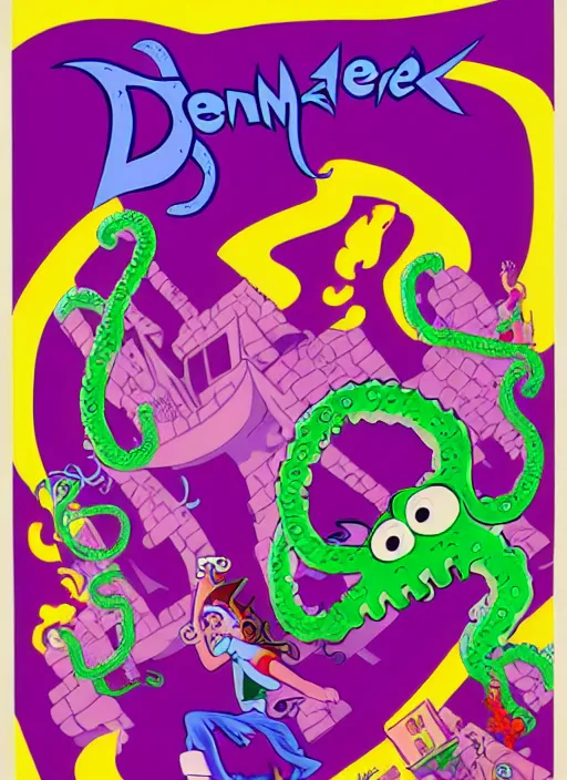 Image similar to a poster for the Day of the Tentacle videogame by Steve Purcell. 8k. Detailed. Characters. Maniac Mansion. Purple tentacle.