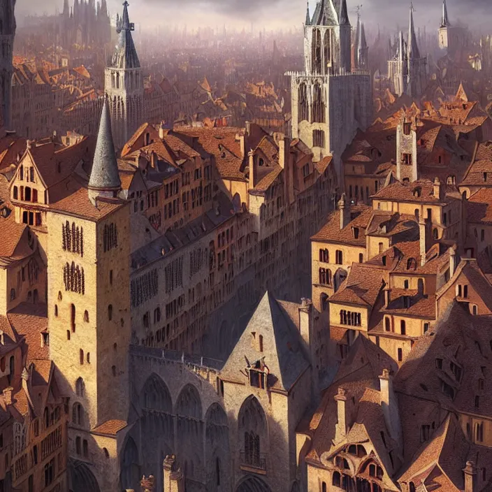 Prompt: matte painting by marc simonetti, jonathan solter, greg rutkowski of a medieval french city square, masterpiece, cinematic, hyperdetailed, photorealistic, hyperrealism, architecture, aerial view,