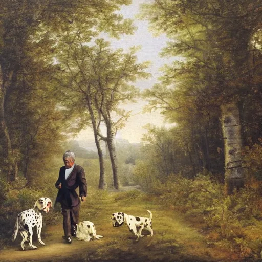 Prompt: granddad and blond curly young grandson walking in french forest with a dalmatian dog with black spots oil painting