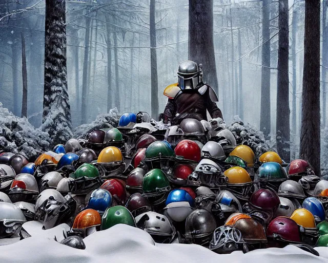 Image similar to in a snowy forest, a huge pile of helmets, a mandalorian jango fett, is looking at a huge pile of mandalorian helmets piled up, concept art highly detailed, huge pile of helmets, great cinematic lighting, octane render, 8 k, depth of field, 3 d, art by greg rutkowski, trending on artstation, cinematographic shot