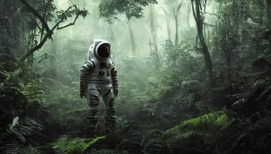 Prompt: an alien astronaut in the amazon forest, plants environment, wide angle, cinematic lighting, atmospheric, realistic, octane render, highly detailed, in the style of craig mullins