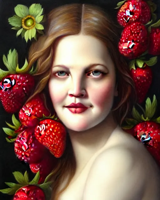 Image similar to beauty portrait, drew barrymore, strawberries, wild berries, by tom bagshaw, greg rutkowski, intricate background