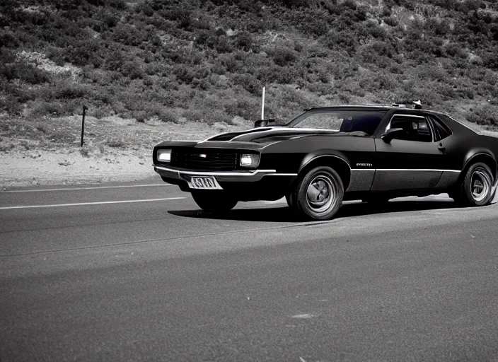 Image similar to retro picture of a black camaro mach 1 being chased by a police car on a dusty road, sunny day