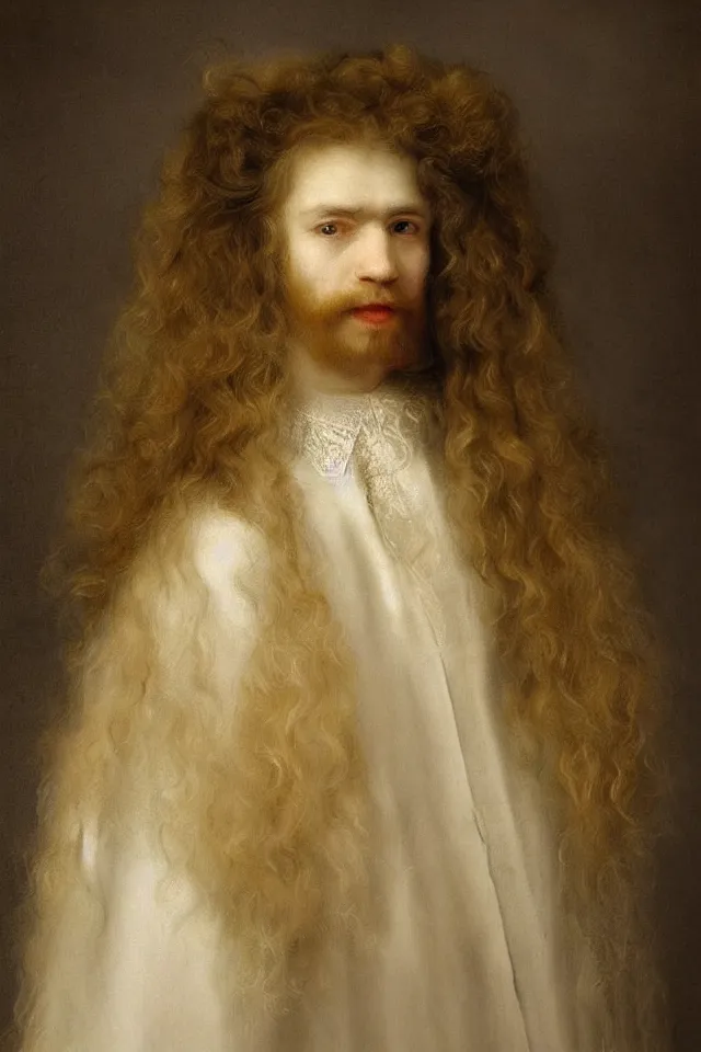 Prompt: a beautiful hyper real portrait of pretty pale prince Lucius with long fluffy curly blond hair, art by rembrandt