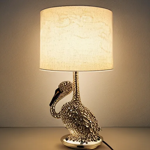 Prompt: luxury table lamp with a swan shape, intricate details, designed by swarovski, advertising photography