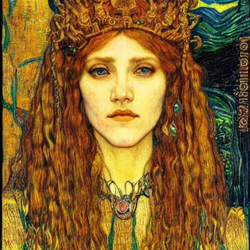 Image similar to detailed realistic beautiful young medieval queen face portrait by jean delville, gustav klimt and vincent van gogh, art nouveau, symbolist, visionary, gothic, pre - raphaelite
