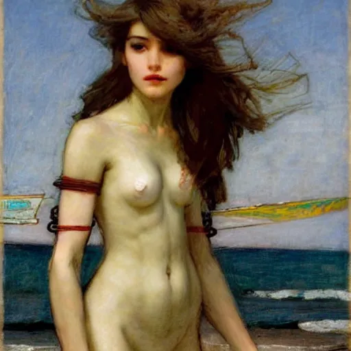 Prompt: a very beautiful futuristic girl on the beach drawn by john william waterhouse