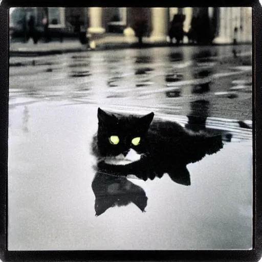 Prompt: wide-shot very low-angle eyesight reflection of a cat in the puddle at the street in Moscow, polaroid photo, by Andy Warhol, signed