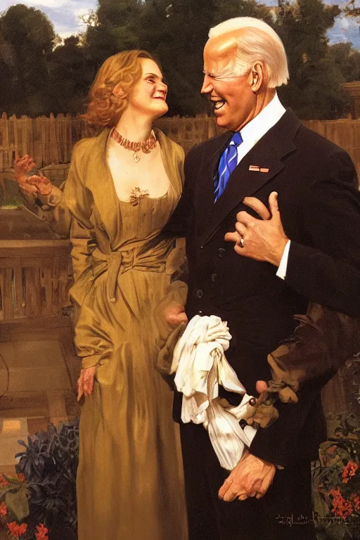 Prompt: smiling Joe Biden whispering in a frightened woman’s ear, golden hour, in a garden, artstation, by J. C. Leyendecker and Peter Paul Rubens,